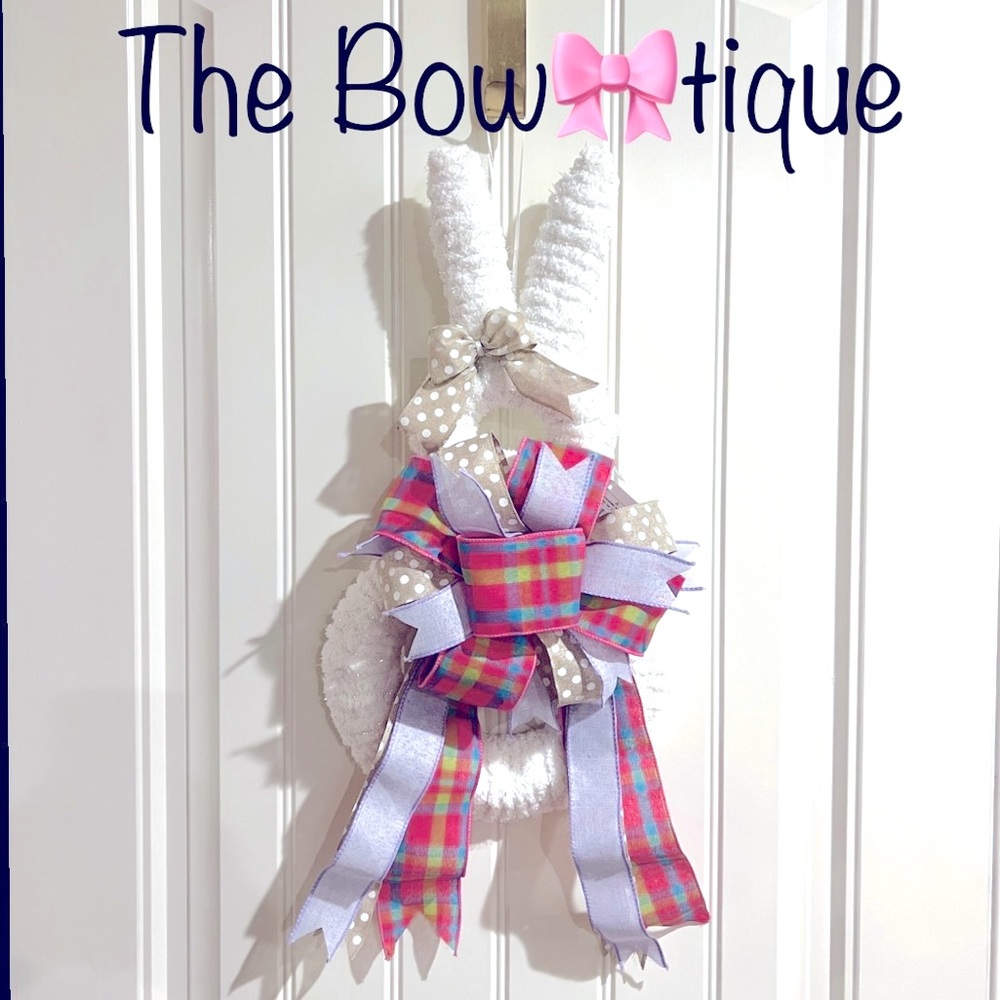 White Fluffy Yarn & Ribbon Bunny Wreath for Easter 19”L